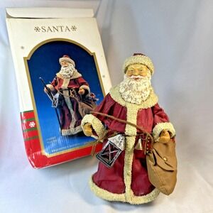 Vintage Style Fabric Mache Santa Claus Figurine with Lantern and Toy Sack 10in